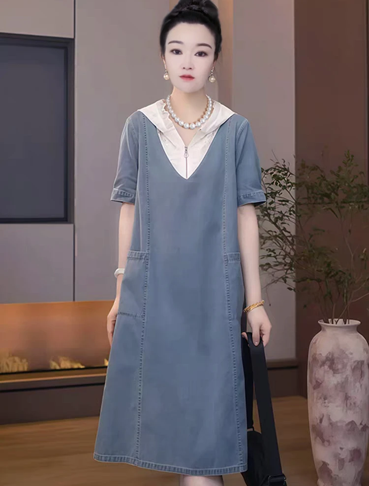 华姐同款时尚百搭韩版连帽牛仔连衣裙