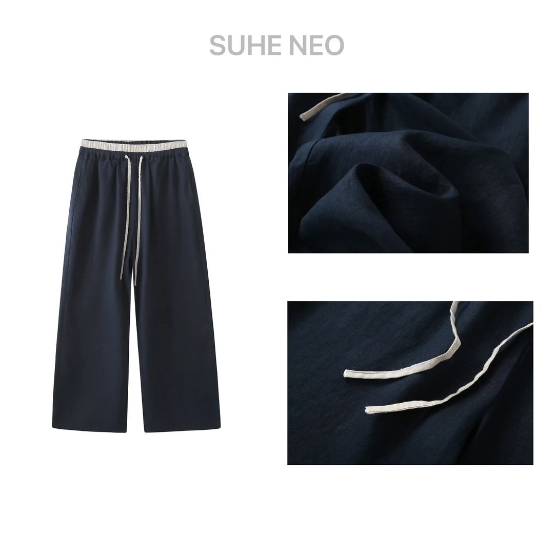 【SUHE NEO】100% 雨露亚麻简约撞色抽绳款直筒女裤