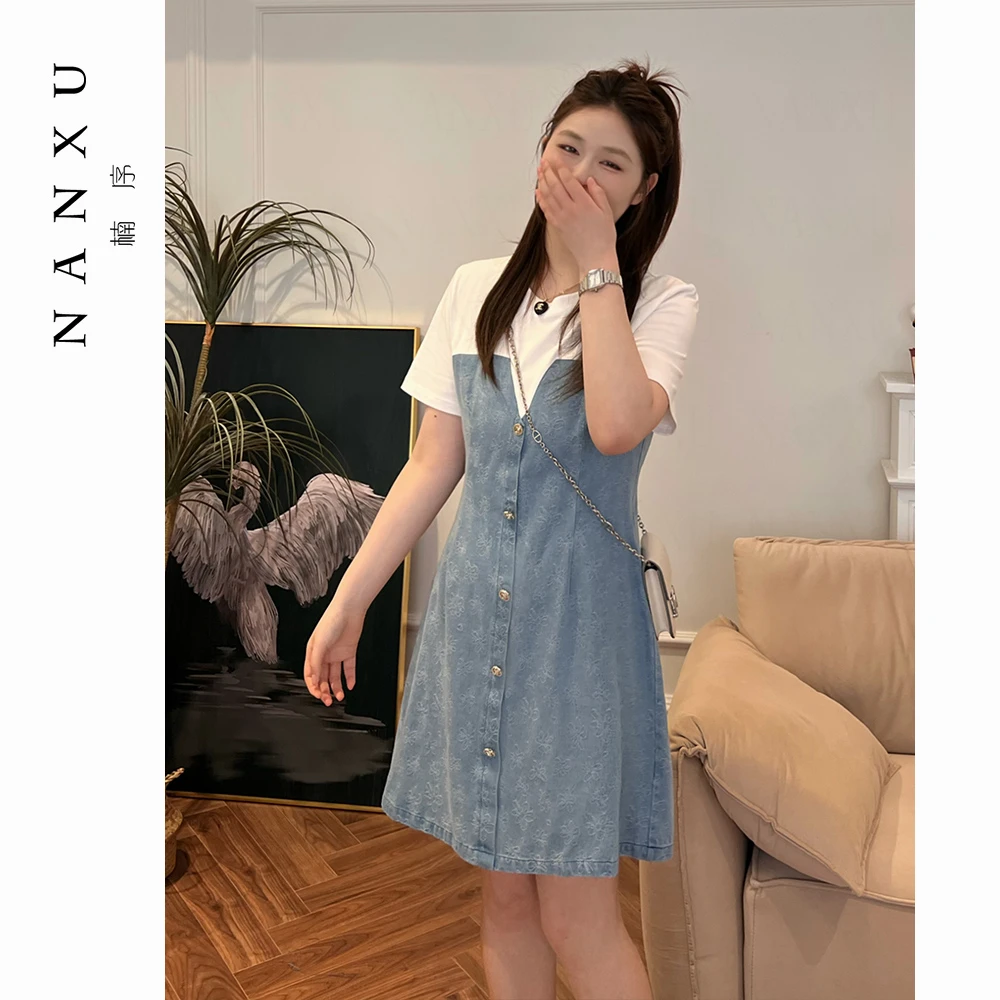 楠序源子微胖女装 时尚显瘦假两件拼接牛仔连衣裙女长短裙YZ31512
