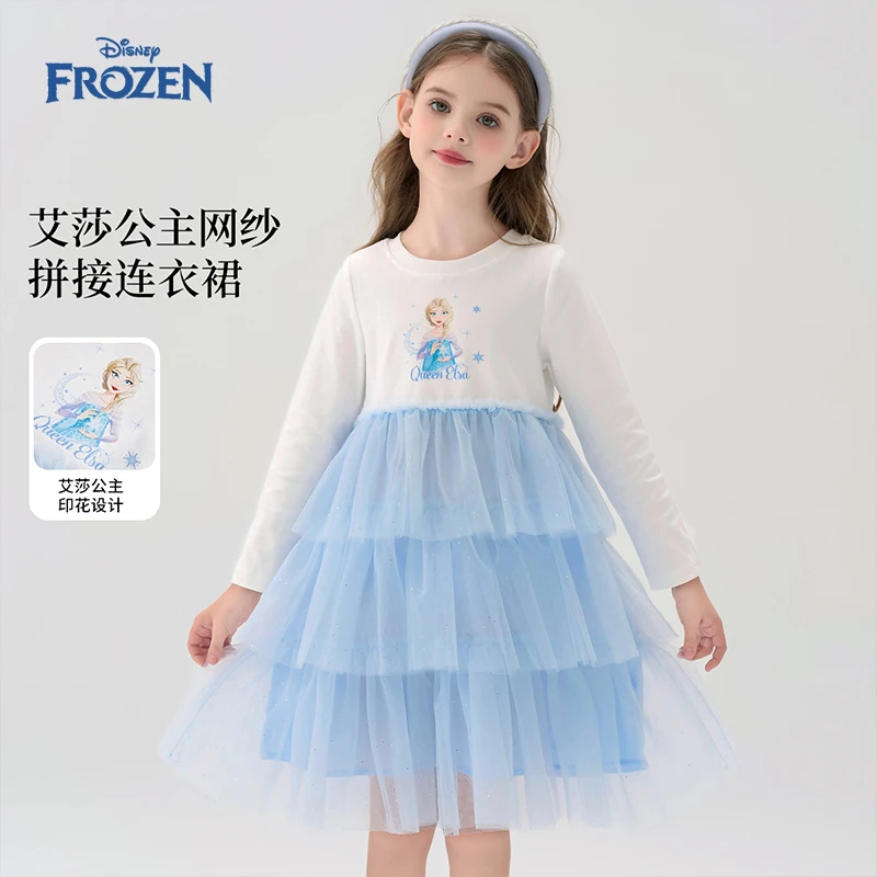 Disney/迪士尼休闲风印花2025年秋季长袖女童连衣裙蓬蓬纱裙子合