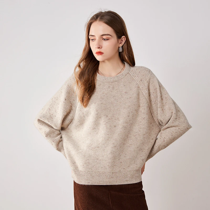 轻奢高端100山羊绒衫女圆领插肩袖蝙蝠袖7针三股加厚花纱宽松毛衣