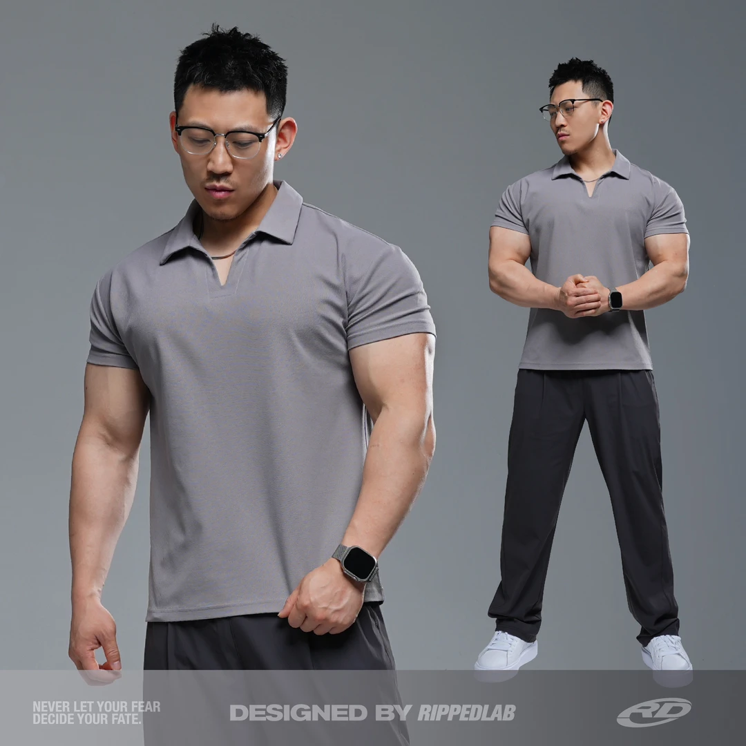 撕裂组织夏收袖显大运动休闲商务健身男POLO衫翻领V领简约短袖T恤