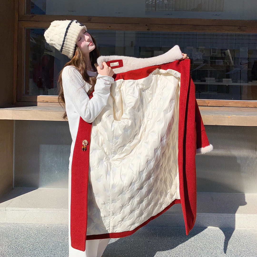 红色新年高级感羽绒内衬毛呢外套女2025冬季中长款超好看呢子大衣