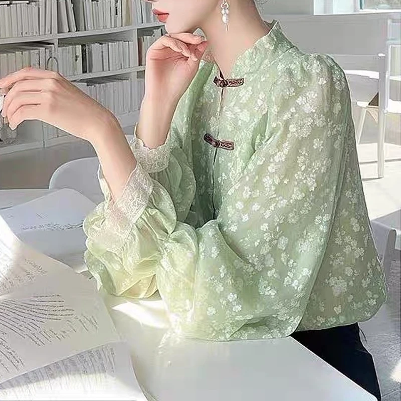 绿色新中式雪纺衬衫女2025春季新款超好看独特漂亮设计感小众上衣