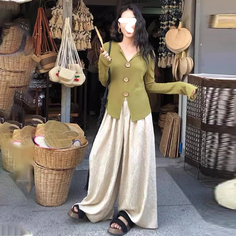 【8428桃】胖MM宽松遮肉早春新款阔腿裤女手工乱褶显瘦阔腿拖地裤