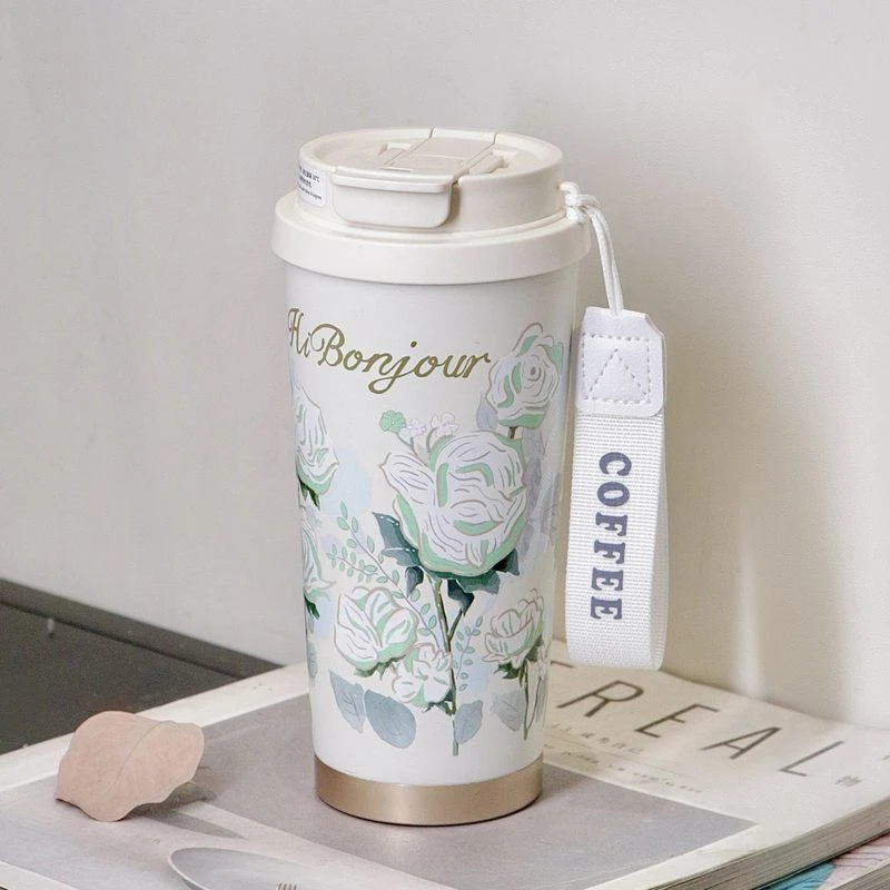 男女吸管杯子新款玫瑰花保温杯高颜值办公室咖啡杯双饮316不锈钢