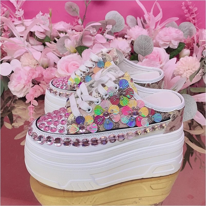 P2142欧美设计师2025夏季新款重工彩色钉钻厚底系带休闲一脚登鞋