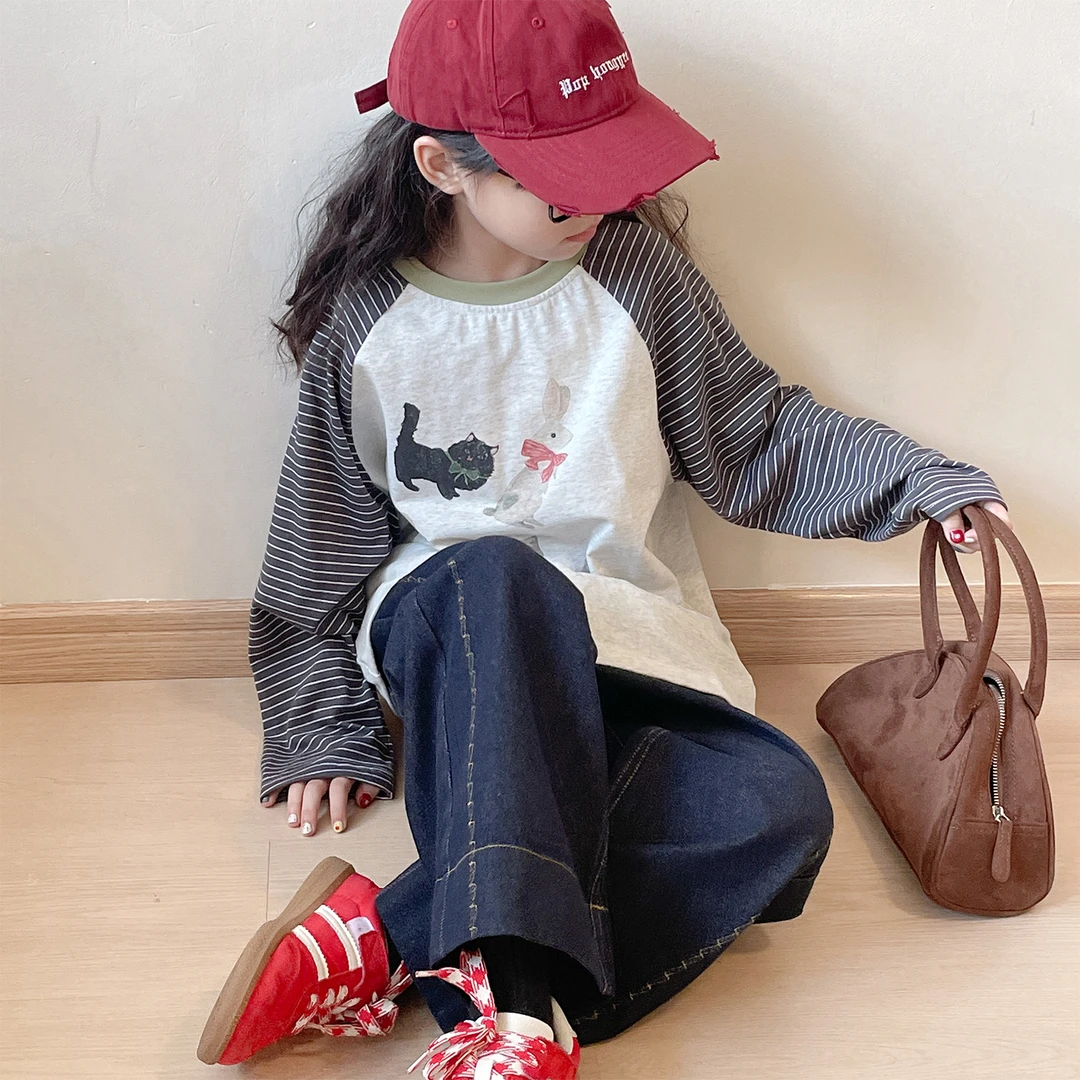 条纹春秋女童套装2025新款女孩韩系长袖打底衫儿童洋气时髦牛仔裤