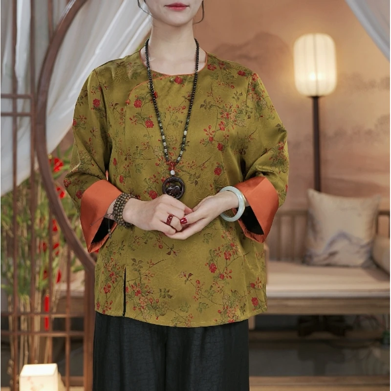 【100%桑蚕丝】香云纱上衣9分袖春夏装中国风女士真丝小衫T恤E6670