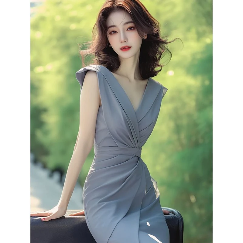 法式气质高端精致女神范高级感端庄大气正式场合灰色无袖连衣裙夏