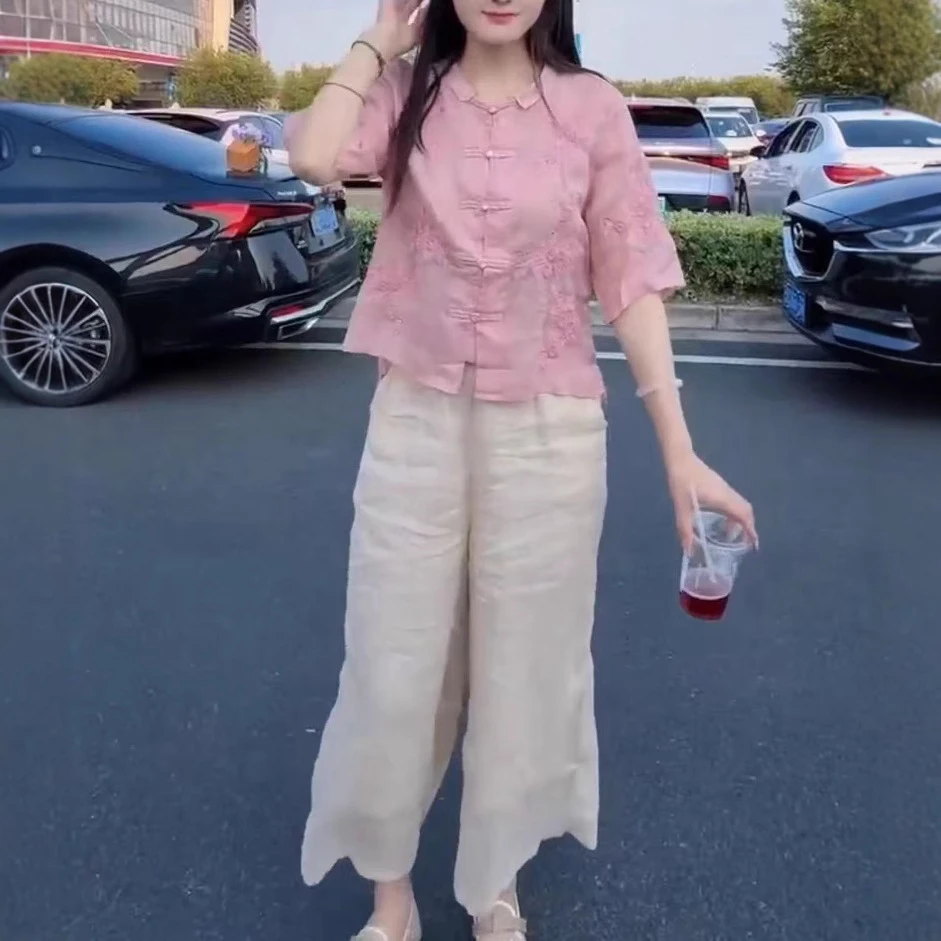 新中式国风套装女夏季2025新款时尚洋气盘扣半袖上衣阔腿裤两件套