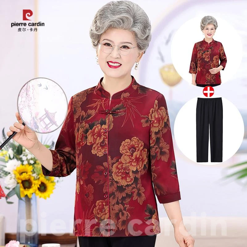 皮尔卡丹中老年人夏装女奶奶装春秋七分袖衬衫妈妈夏季套装老太太