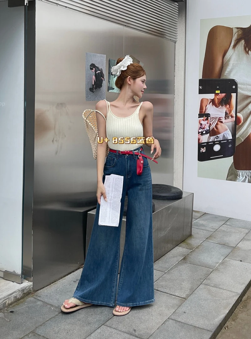 【张开心】超绝四面弹！韩国蓝不贴腿微喇高腰宽松显瘦弹力喇叭长裤