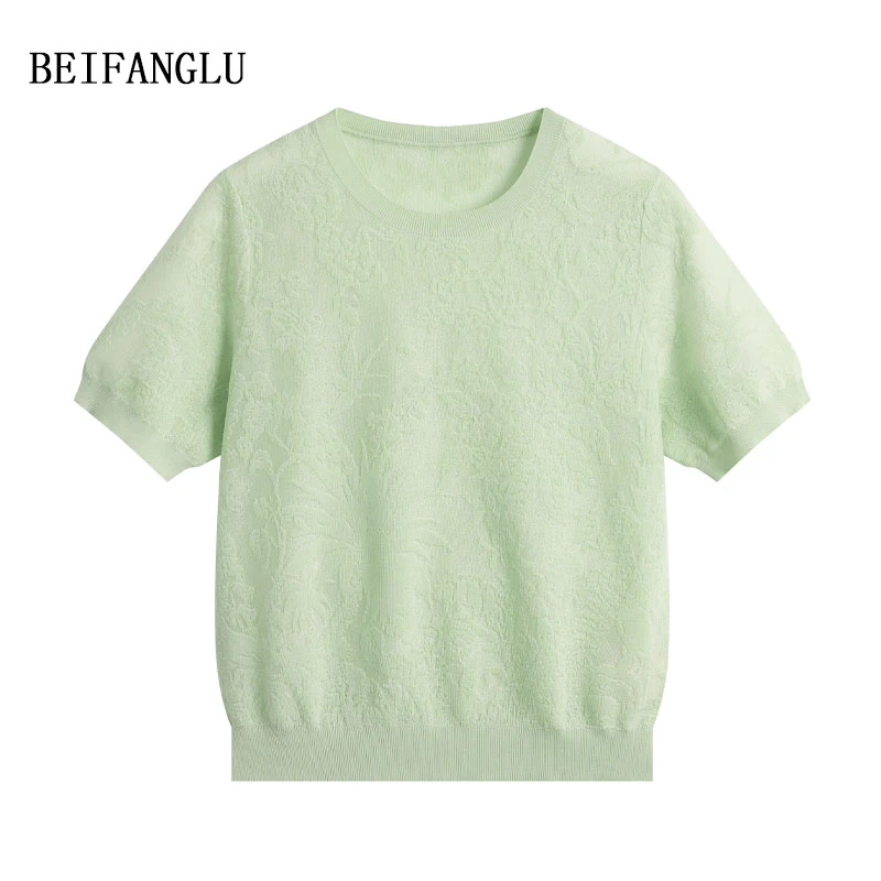 北方鹿【肌理感暗纹提花】莱赛尔醋酯桑蚕丝法式气质针织短袖31020