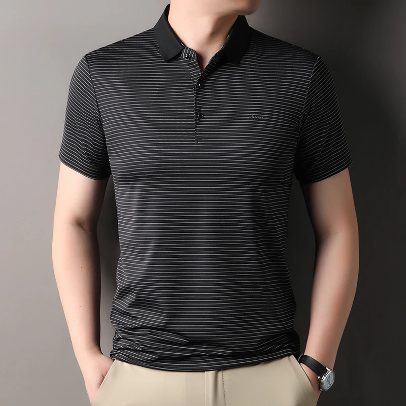夏季男士薄款纯色冰丝短袖t恤中年条纹爸爸装休闲免烫上衣Polo衫