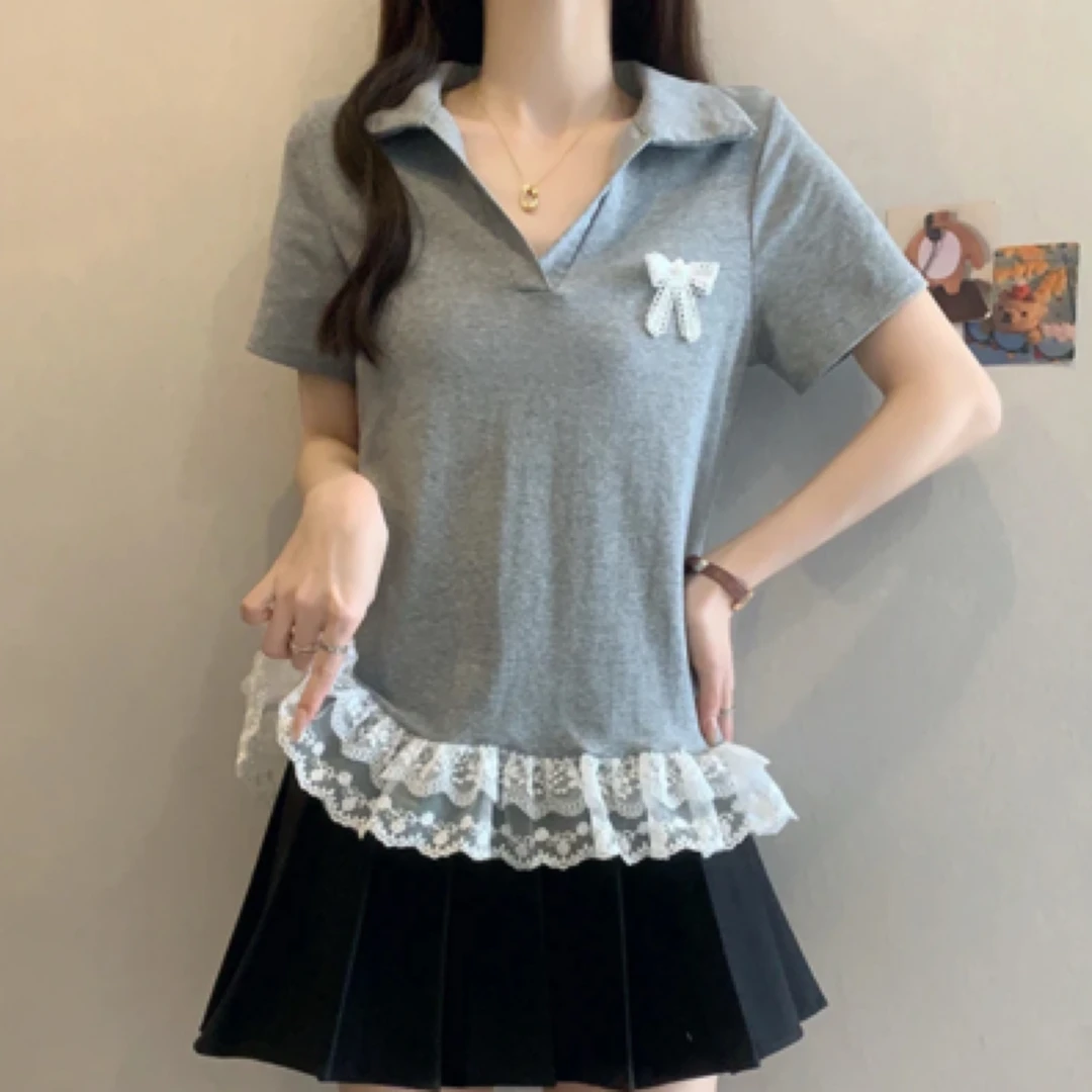 短袖宽松型蕾丝纯色POLO衫设计感夏季休闲风