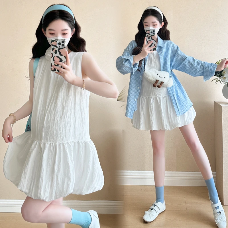 孕妇套装小个子2025夏季新款花苞背心裙衬衣防晒衣两件套孕妈穿搭