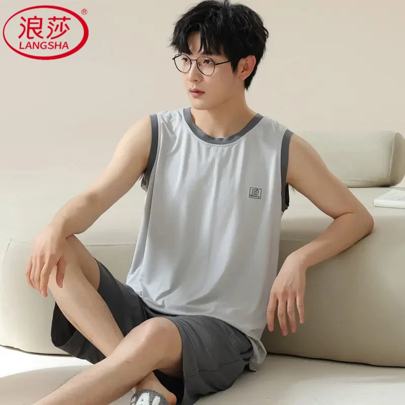浪莎夏天莫代尔男士睡衣男款夏季冰丝宽松简约薄款背心短裤套装