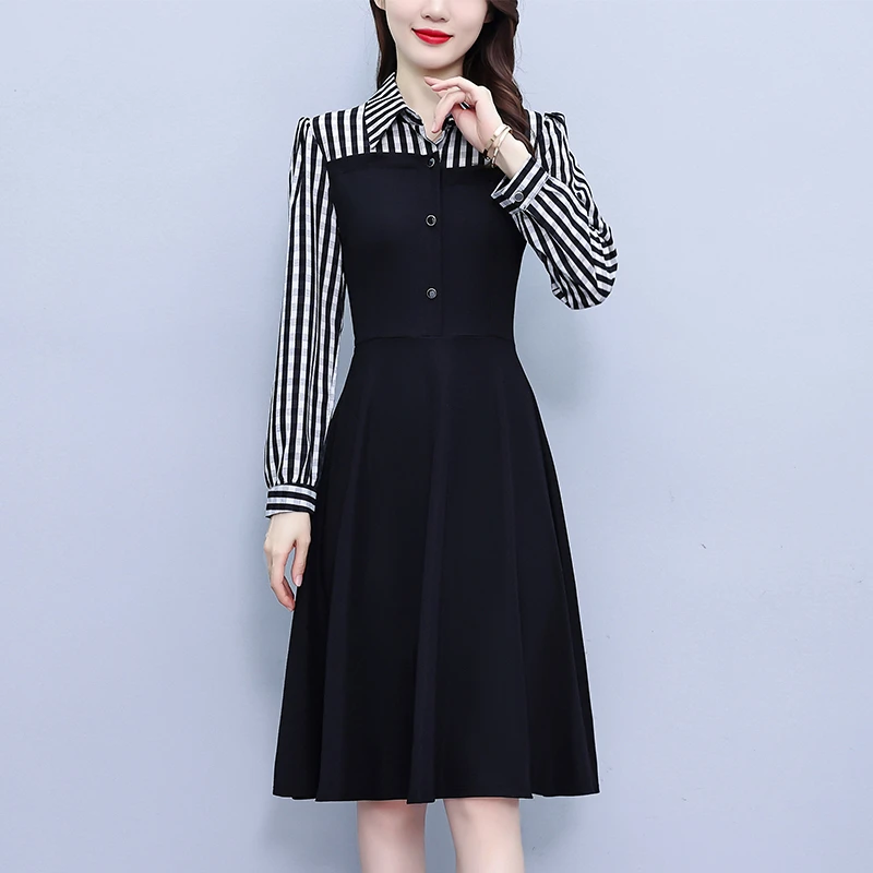 8215#女神范时尚高档衬衫领连衣裙秋季新款大码宽松遮肚子裙子