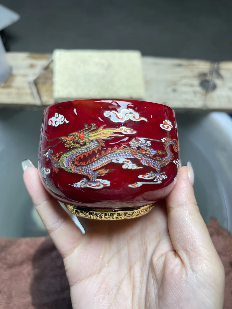 玛瑙色大琉璃龙凤琉璃杯带夜光茶具主人杯手工精美
