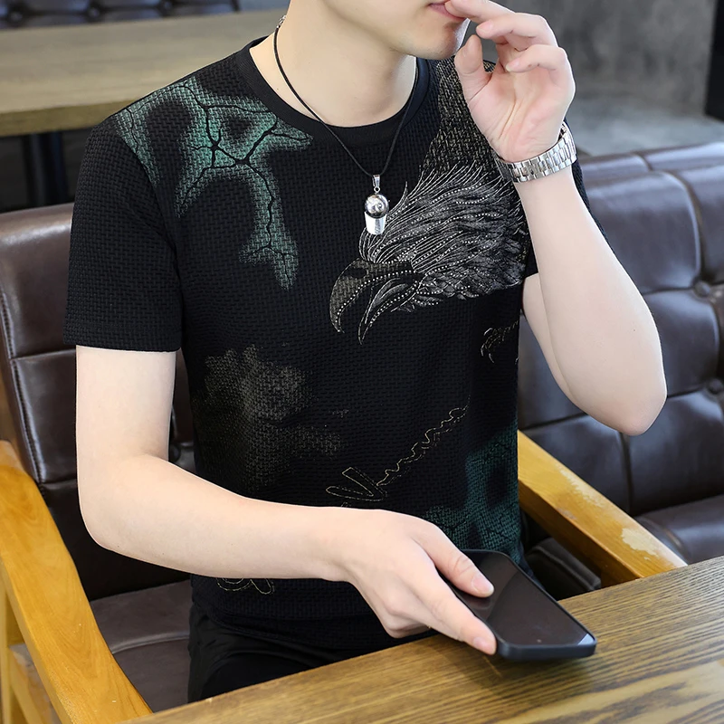 半袖男士短袖休闲圆领夏季冰丝提花T恤体恤上衣印花薄款修身上衣