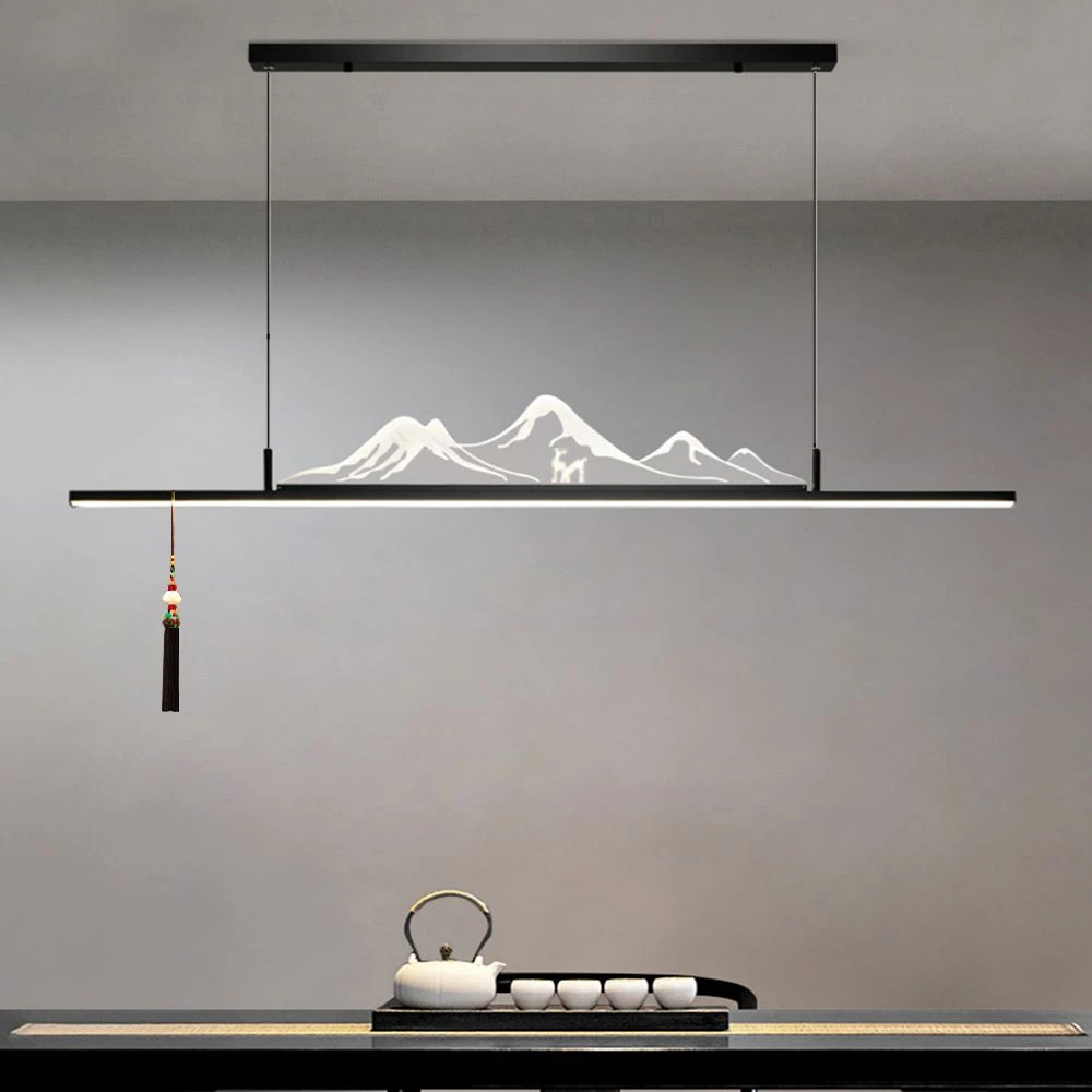 新中式LED餐厅山水吊灯2米超长条创意简约长方形书房吧台灯茶室灯