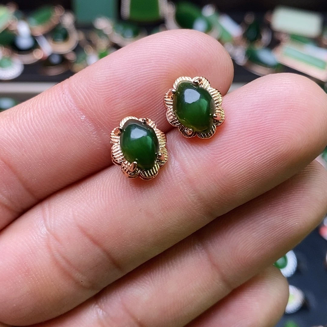 和田玉（碧玉）耳饰银S925镶嵌