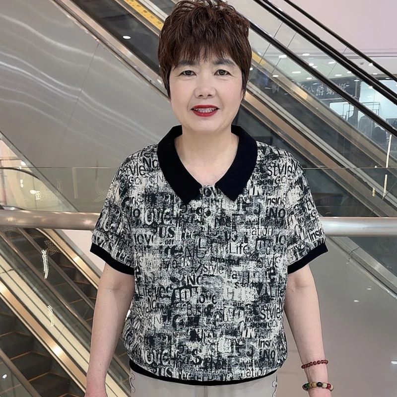 3426 夏季中老年洋气妈妈装休闲简约宽松百搭翻领短袖上衣