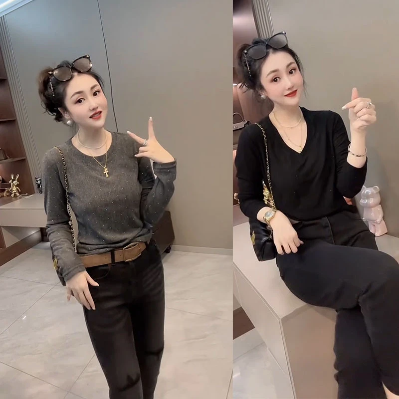 精致圆领烫钻长袖T恤2025秋季新款时尚ins修身显瘦百搭洋气上衣