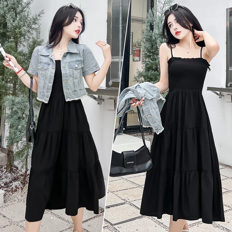 时尚气质连衣裙套装春夏季新款牛仔外套黑色收腰显瘦吊带裙两件套