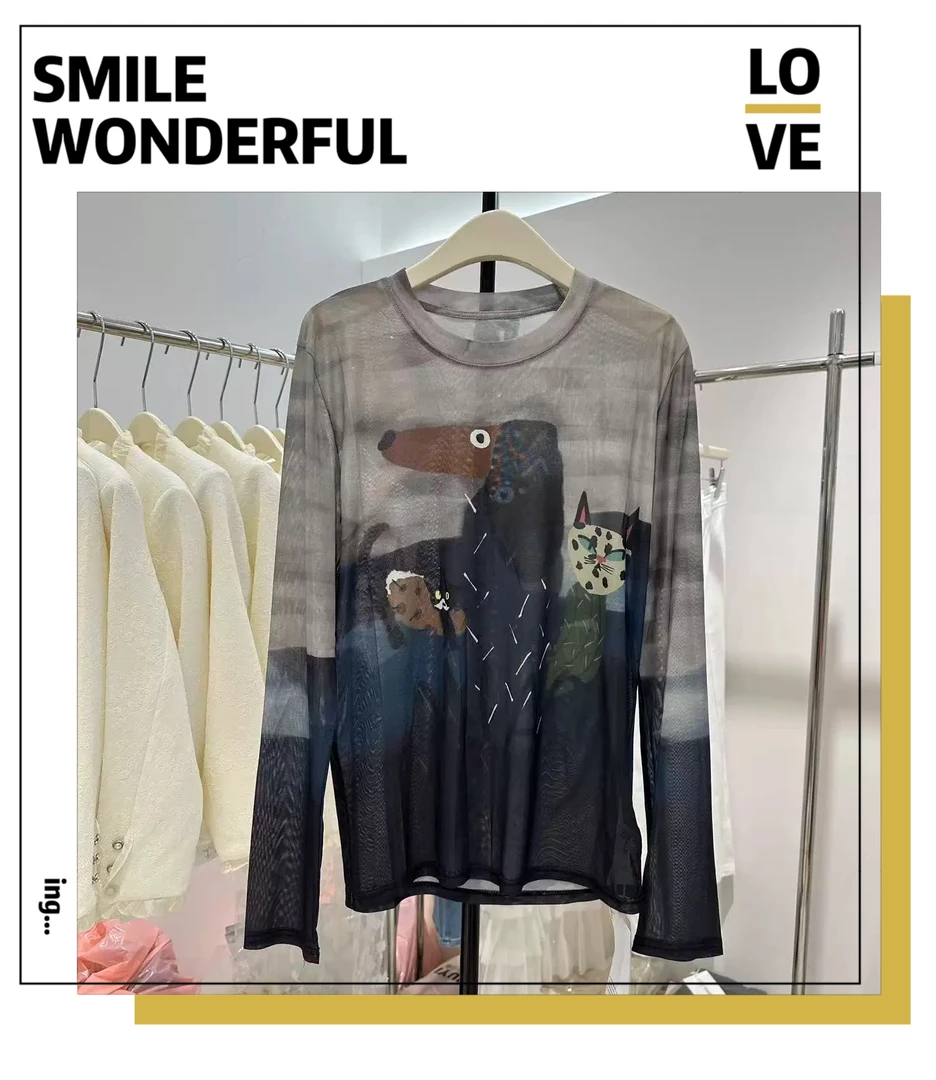 【362-363】网眼修身洋气微透长袖防晒上衣T恤复古圆领花色休闲时尚