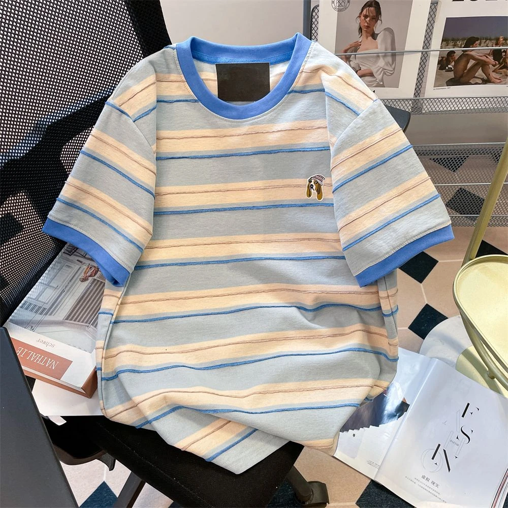 2025夏季大码300斤欧货拼色条纹小狗刺绣短袖t恤女学院风休闲上衣
