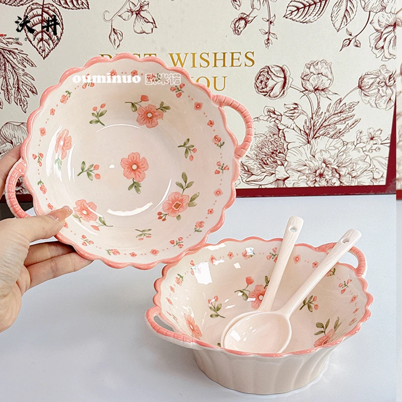 A【桃花朵朵2双耳碗2勺】沃井7.5英寸双耳碗碎花陶瓷釉下彩螺蛳粉碗