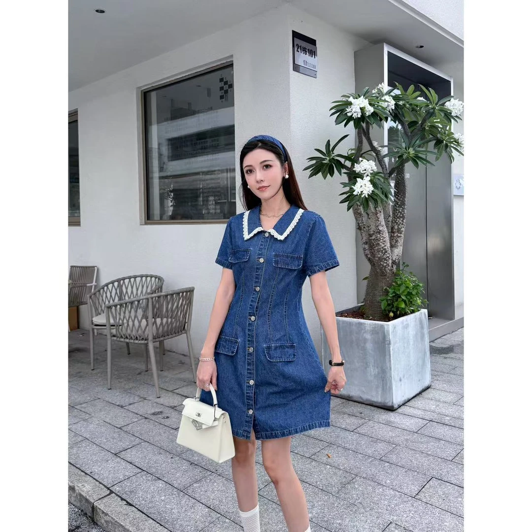 蓝色高端精致花边领牛仔连衣裙女2025夏新款御姐短袖收腰A字裙