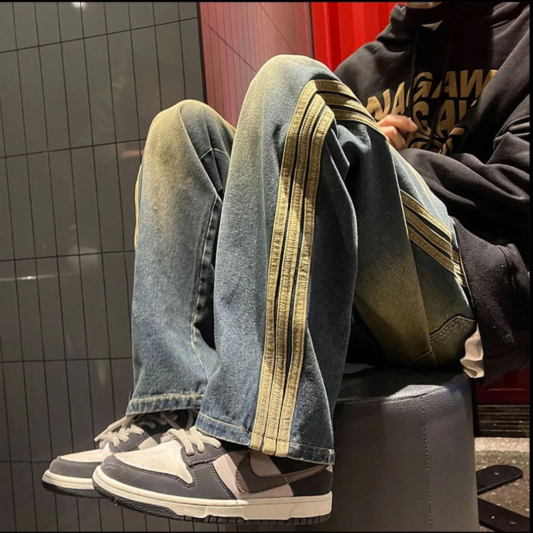 美式复古条纹牛仔裤男秋冬美式复古裤子高街vibe潮牌直筒休闲长裤