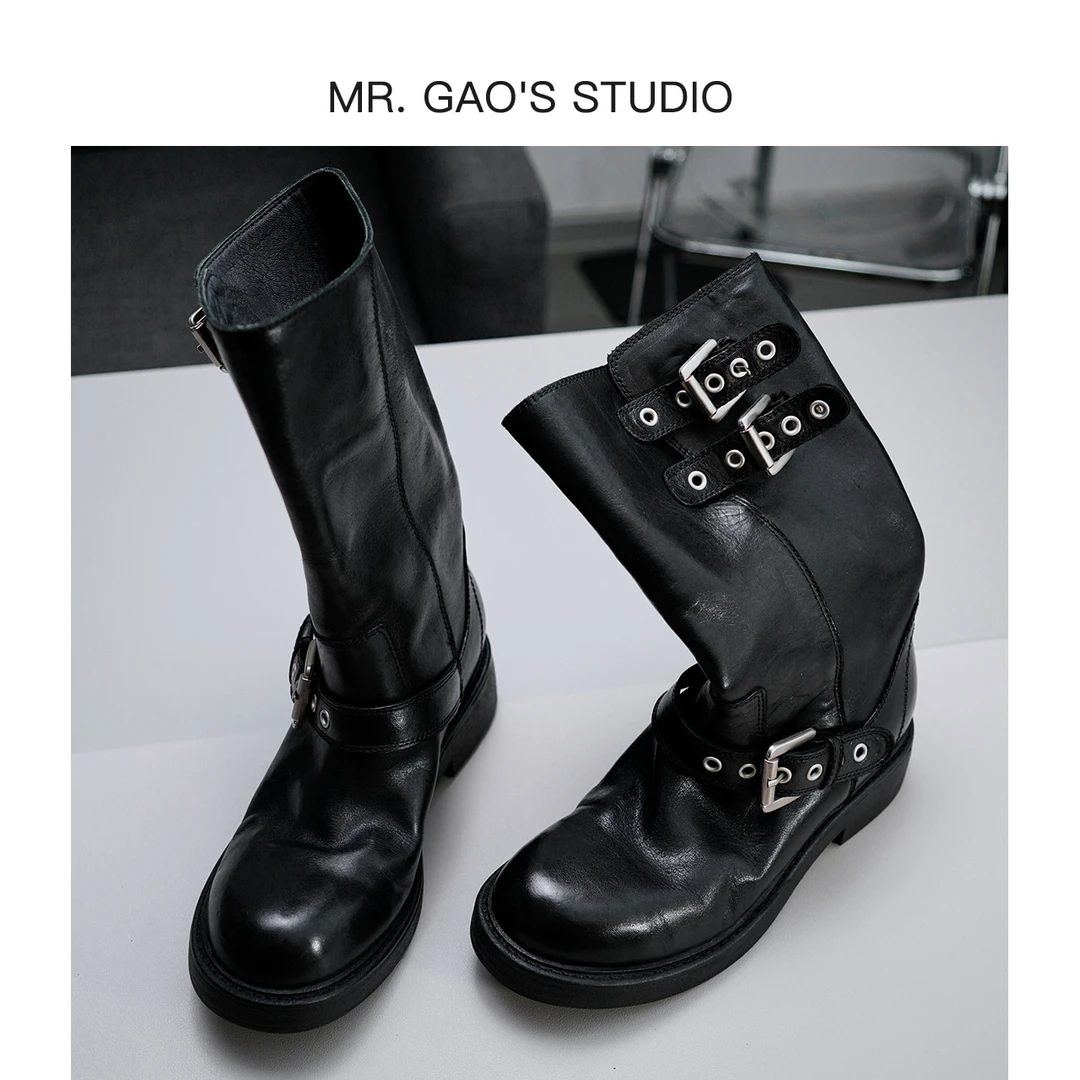 25新款高定版厚底中筒骑士靴时尚圆头单靴百搭真皮秋冬时装女靴