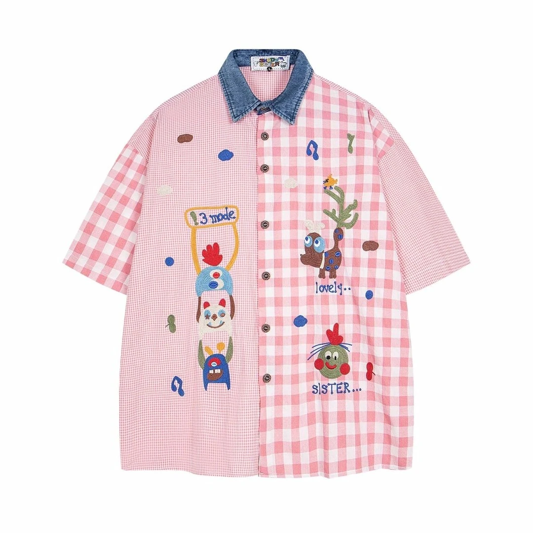 LS日系趣味卡通刺绣牛仔拼接撞色格子短袖衬衫男女宽松上衣潮