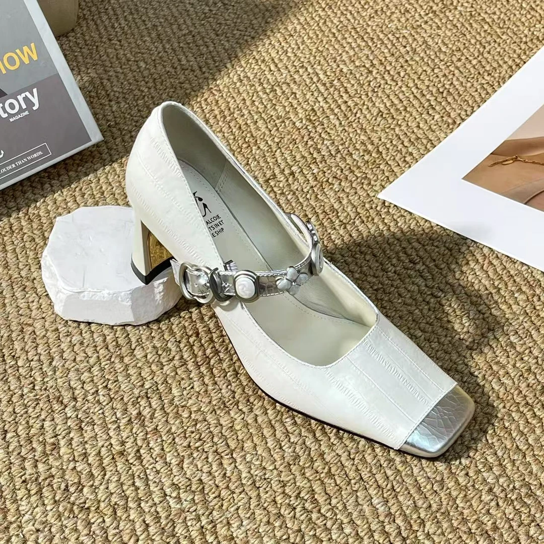 1147【韵稚】春季新款小方头高跟浅口纯手工牛皮单鞋F跟高6CM