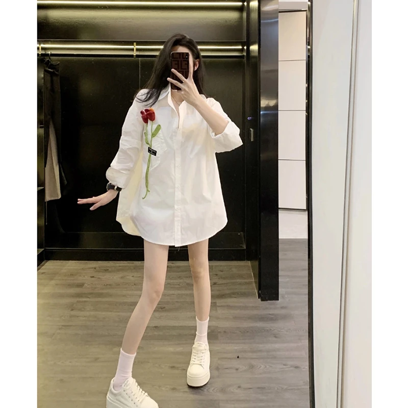 韩版白色休闲衬衫女设计感小众宽松中长款显瘦气质长袖衬衣薄款潮