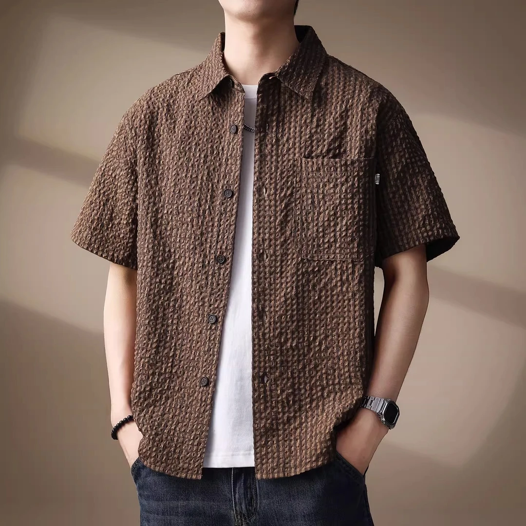 高端美式复古薄款肌理感格纹短袖衬衫男士夏季潮牌宽松泡泡纱衬衣