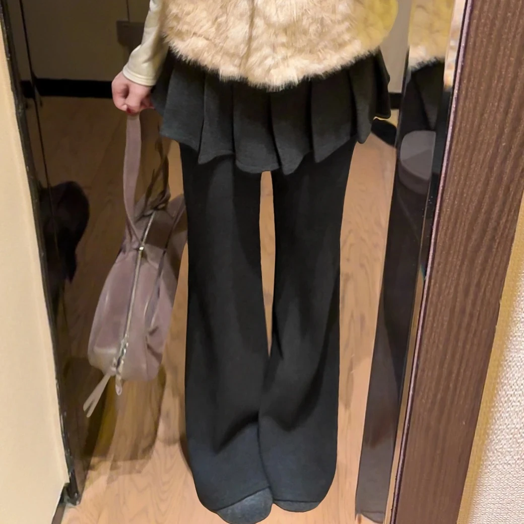 【在在atat】韩系叠穿假两件休闲微喇百褶屁帘裙裤加绒加厚长裤女