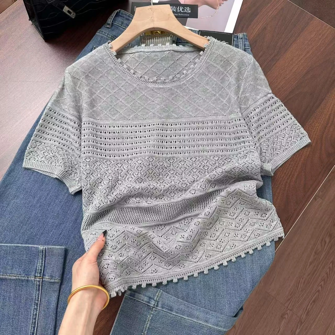 超无敌显气质~温柔风高级感！花边设计钩花正肩显瘦针织衫Y7462灰