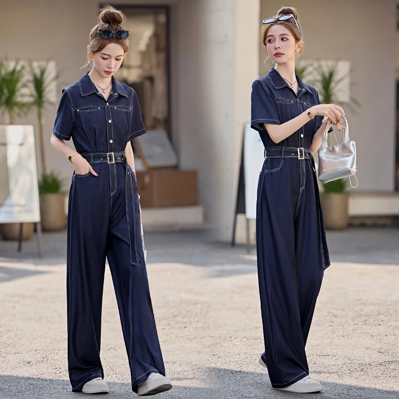 时尚春夏牛仔连体裤女薄款休闲连体衣小个子洋气高腰夏季显瘦套装