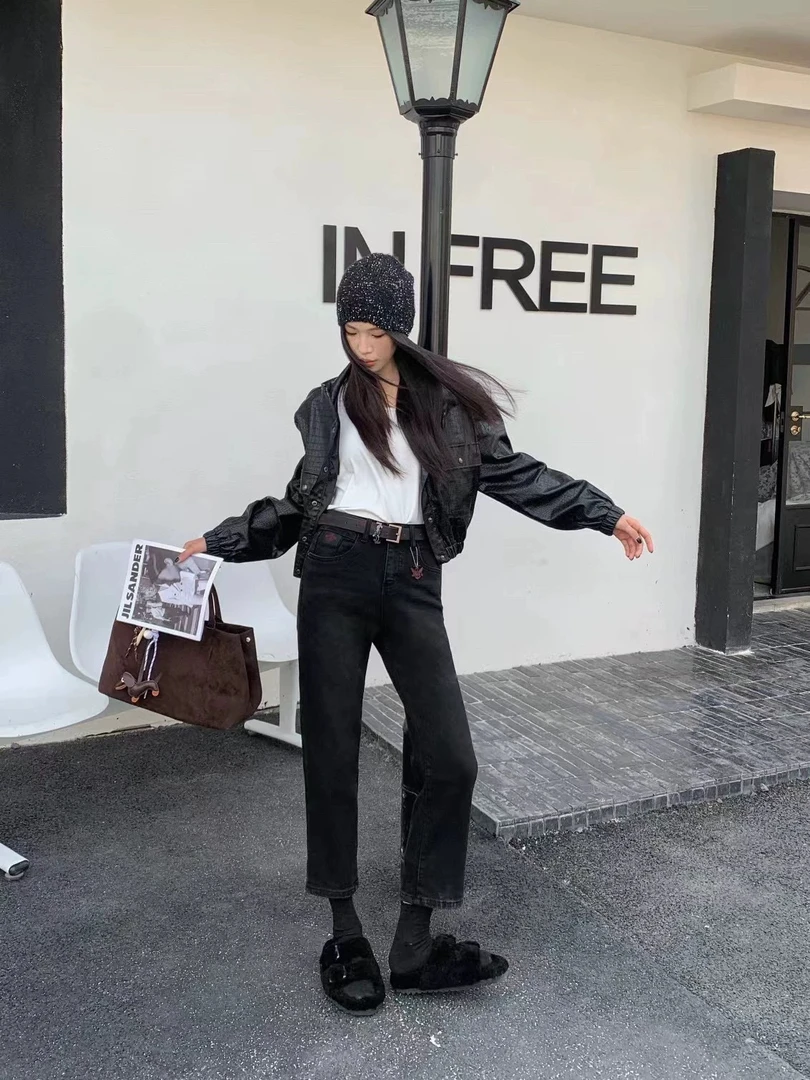 欧货小春家小蜜蜂219加绒烟管9分牛仔裤显瘦百搭
