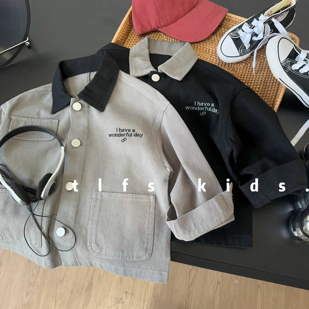 童例「25157拼色领字母衬衫」春季儿童休闲男童女童百搭长袖上衣潮