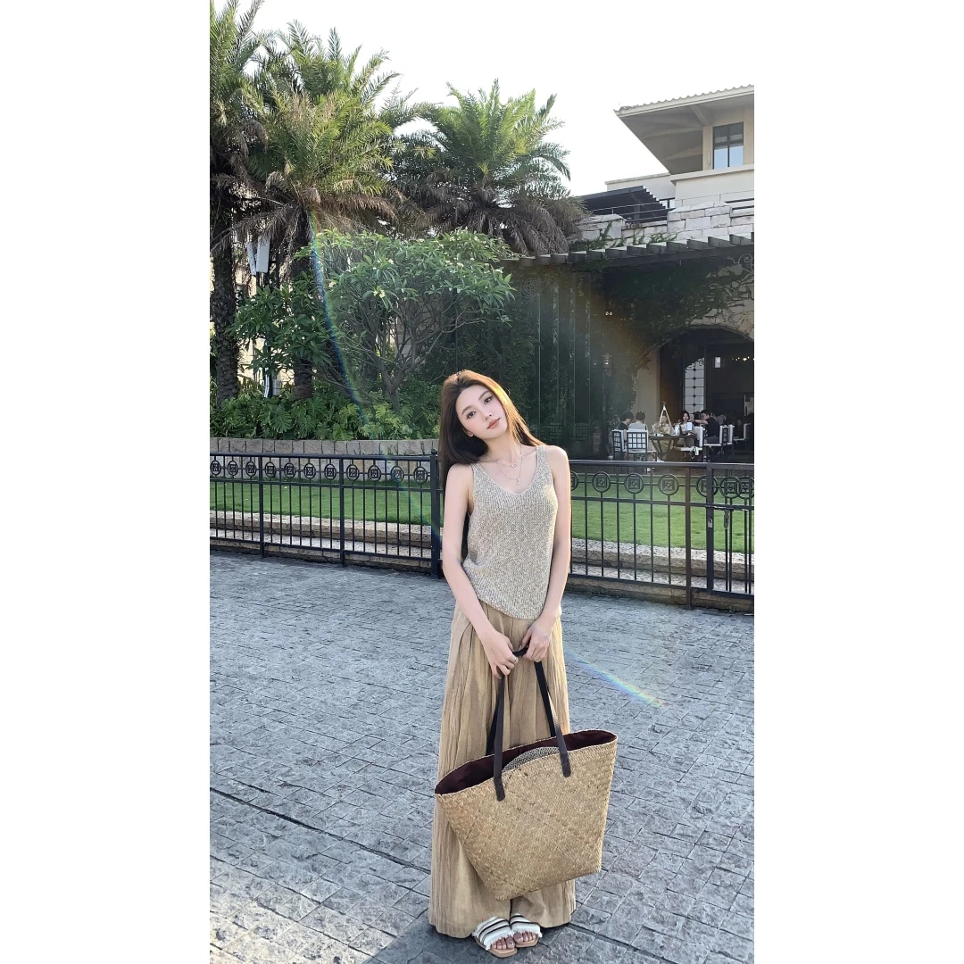 慵懒贵气流光立体韩系休闲背心80801+褶皱垂感阔腿裤80525