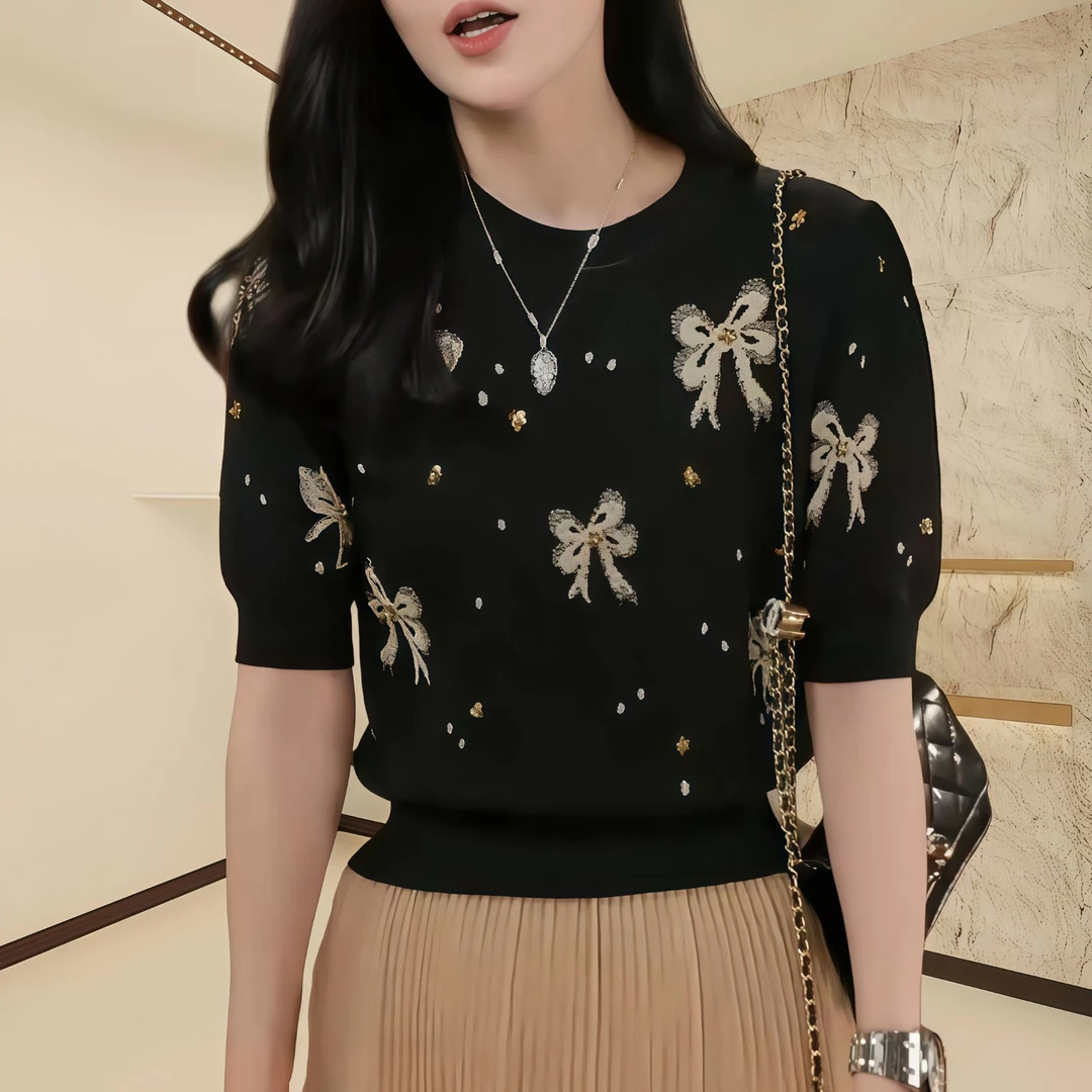 夏季欧若风设计师款上衣2025欧若风气质百搭刺绣款圆领上衣