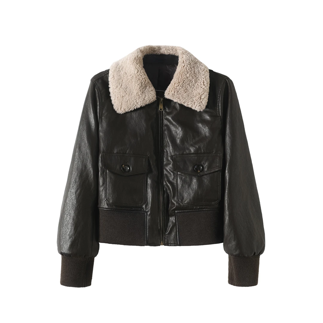 2025冬明星同款复古美式绵羊皮短款毛领皮衣外套SCF