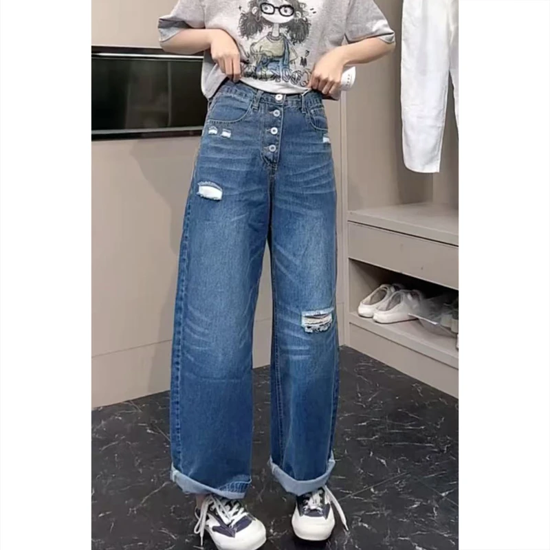 艾塔莉时尚破洞牛仔裤女夏季新款梨型身材百搭遮肉显瘦直筒阔腿裤