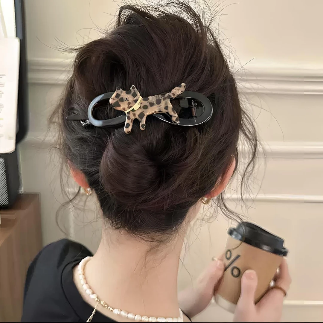【阿敲】A1155~豹纹猫咪发夹后脑勺大号扭扭抓夹一字夹-麦穗头饰